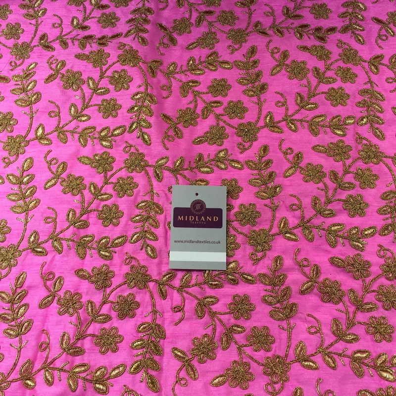 Pink Embroidered flower Faux Raw Silk dupion wedding fabric 42" Wide M736 Mtex