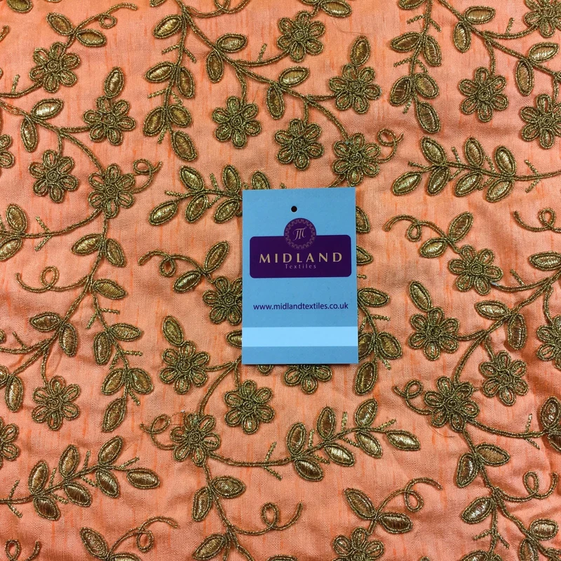 Orange Embroidered flower Raw Silk dupion wedding fabric 42" Wide M736-6 Mtex