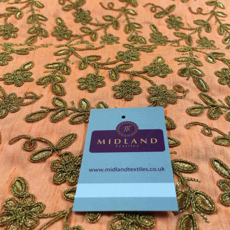 Orange Embroidered flower Raw Silk dupion wedding fabric 42" Wide M736-6 Mtex