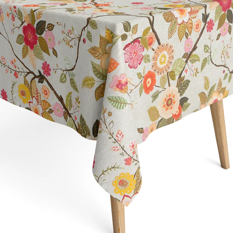 Jacquard Tischdecke aus beschichteter Baumwolle mit Fleckenschutz AMA05 beige retro Blumen eckig rund oval