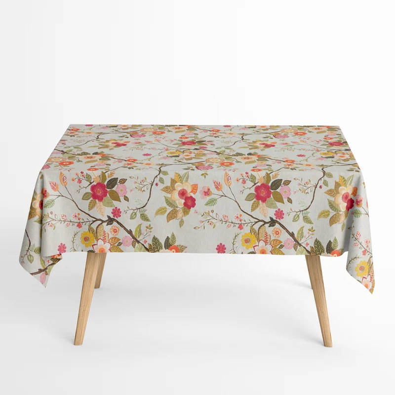 Jacquard Tischdecke aus beschichteter Baumwolle mit Fleckenschutz AMA05 beige retro Blumen eckig rund oval