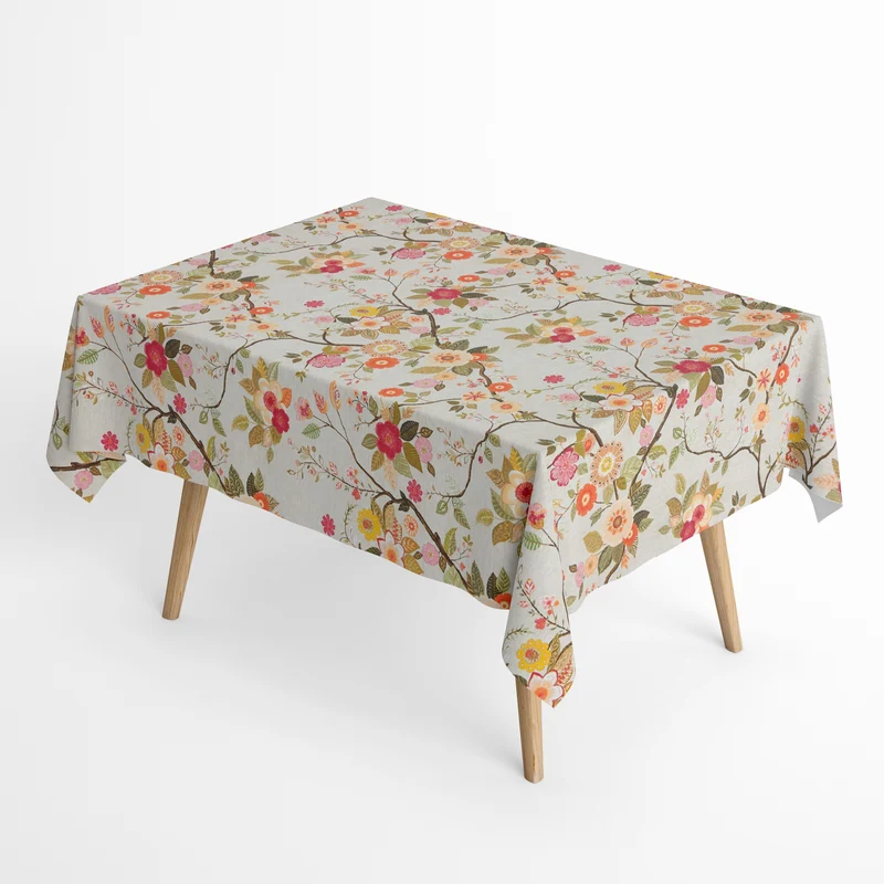 Jacquard Tischdecke aus beschichteter Baumwolle mit Fleckenschutz AMA05 beige retro Blumen eckig rund oval