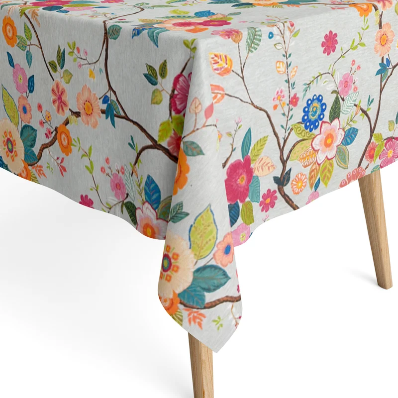 Jacquard Tischdecke aus beschichteter Baumwolle mit Fleckenschutz AMA02 grau retro Blumen eckig rund oval