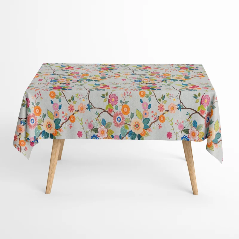 Jacquard Tischdecke aus beschichteter Baumwolle mit Fleckenschutz AMA02 grau retro Blumen eckig rund oval
