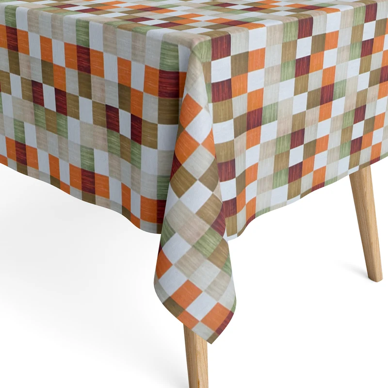 Jacquard Tischdecke aus beschichteter Baumwolle mit Fleckenschutz KINECTIC Karo orange grün eckig rund oval