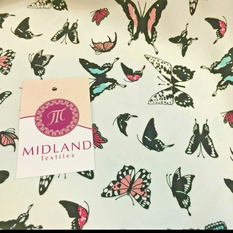 Mint Green Butterfly print peach crepe fabric 45" M145-1 Mtex