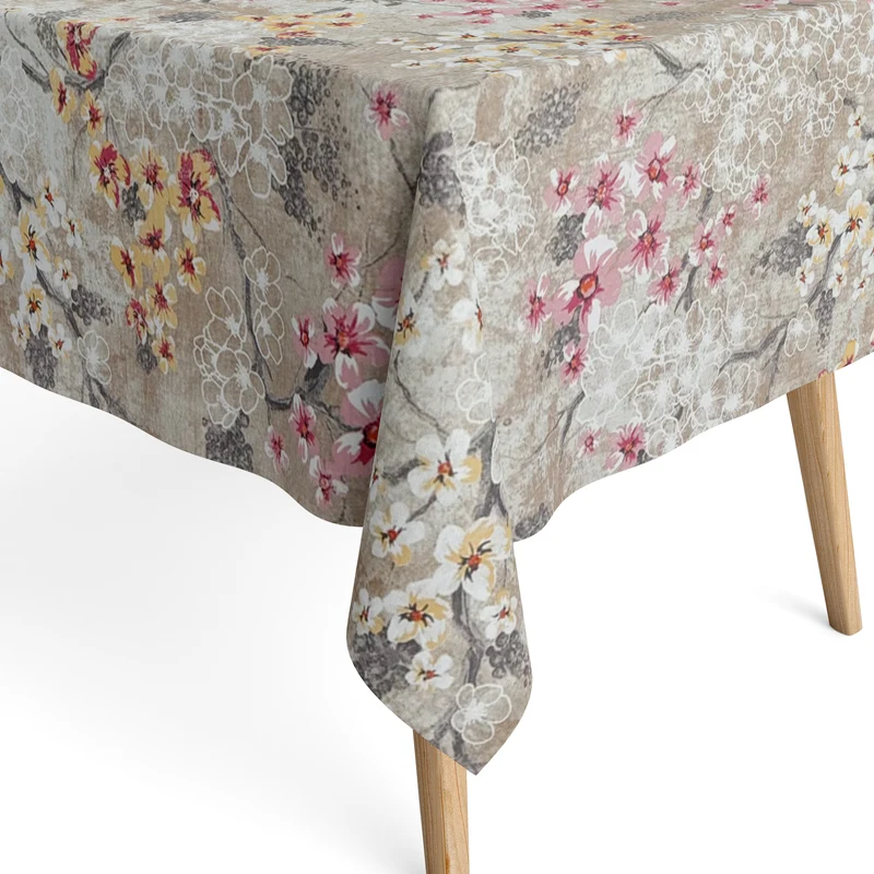 Jacquard Tischdecke aus beschichteter Baumwolle mit Fleckenschutz ROVIERA beige Kirschblüten eckig rund oval