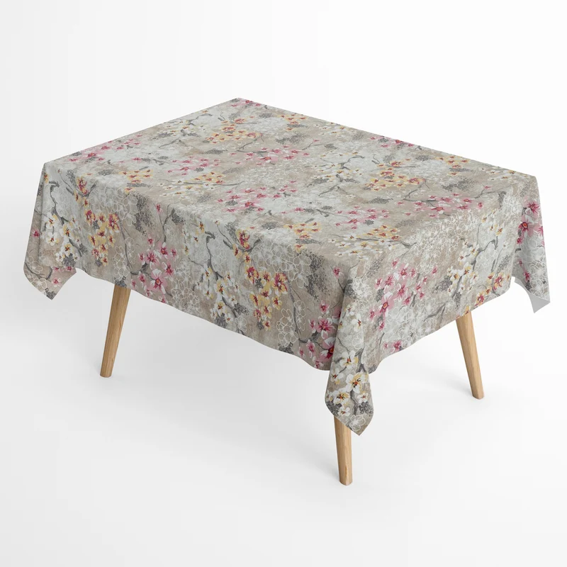 Jacquard Tischdecke aus beschichteter Baumwolle mit Fleckenschutz ROVIERA beige Kirschblüten eckig rund oval