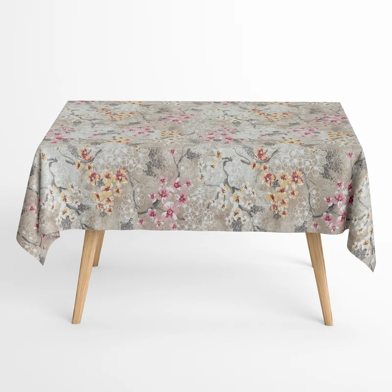 Jacquard Tischdecke aus beschichteter Baumwolle mit Fleckenschutz ROVIERA beige Kirschblüten eckig rund oval