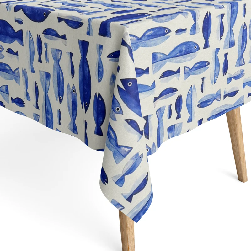 Jacquard Tischdecke aus beschichteter Baumwolle mit Fleckenschutz DP179 maritim blaue Fische eckig rund oval
