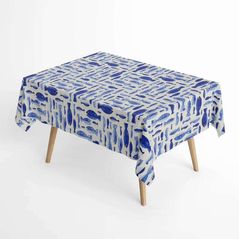 Jacquard Tischdecke aus beschichteter Baumwolle mit Fleckenschutz DP179 maritim blaue Fische eckig rund oval