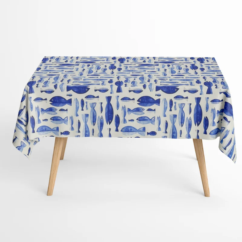 Jacquard Tischdecke aus beschichteter Baumwolle mit Fleckenschutz DP179 maritim blaue Fische eckig rund oval