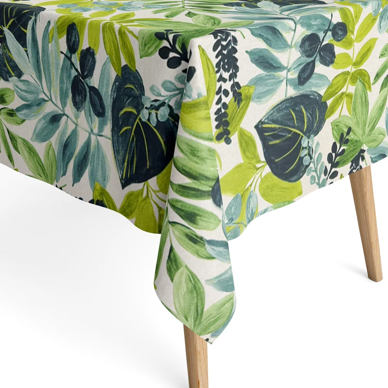 Jacquard Tischdecke aus beschichteter Baumwolle mit Fleckenschutz CAIMAN VERDE grün Dschungel Blätter eckig rund oval
