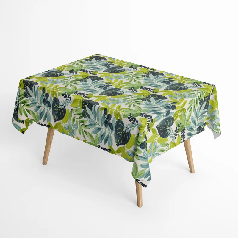 Jacquard Tischdecke aus beschichteter Baumwolle mit Fleckenschutz CAIMAN VERDE grün Dschungel Blätter eckig rund oval
