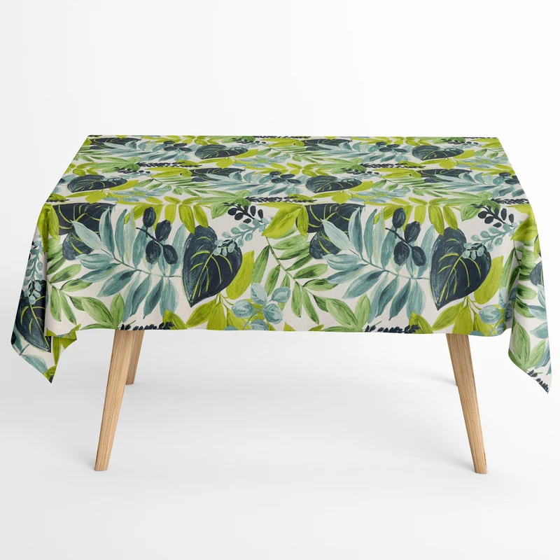Jacquard Tischdecke aus beschichteter Baumwolle mit Fleckenschutz CAIMAN VERDE grün Dschungel Blätter eckig rund oval