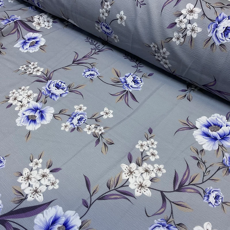 Grey blue Floral blossom crinkle Stretch Viscose – Soft Dressmaking fabric M2049-1