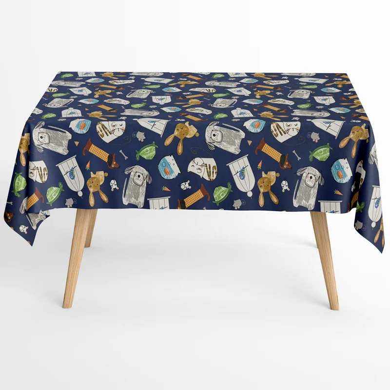 Jacquard Tischdecke aus beschichteter Baumwolle mit Fleckenschutz JQ1416 dunkelblau Tiere Katzen Hunde eckig rund oval