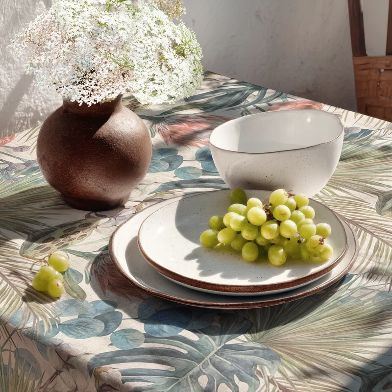 Jacquard Tischdecke beschichtete Baumwolle Übergröße 160 cm Breite DP531 Dschungelmotiv Monstera eckig rund oval