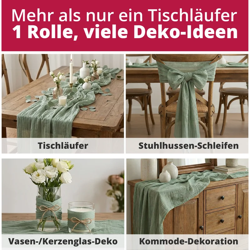 DecoHomeTextil Musselin Tischläufer 80 x 300 cm Weicher Gaze Stoff mit Faltenoptik für Hochzeit, Geburtstag, Party & stilvolle Tischdekoration Boho