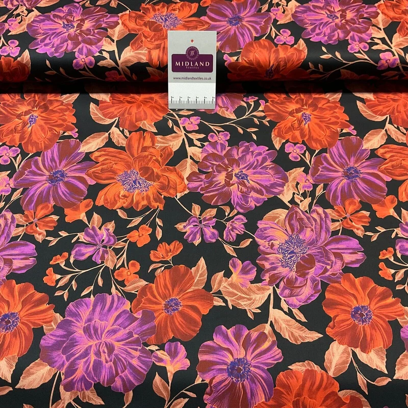 Black Red Cotton Satin Digital large floral Dress Fabric M1878