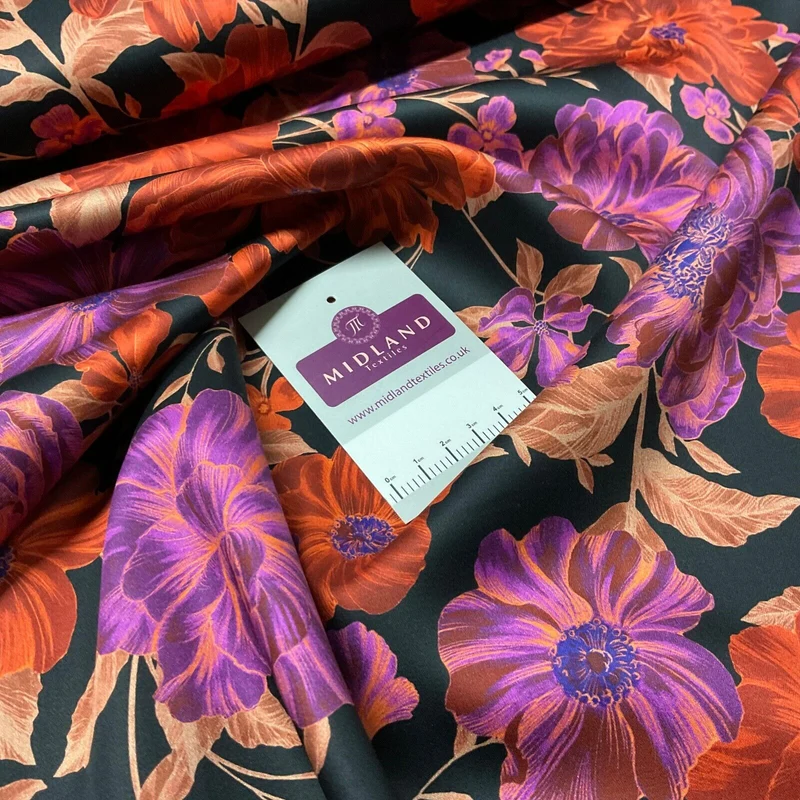 Black Red Cotton Satin Digital large floral Dress Fabric M1878