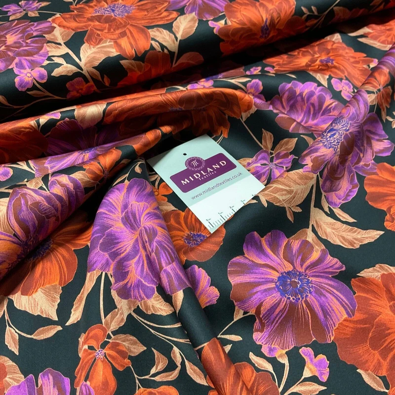 Black Red Cotton Satin Digital large floral Dress Fabric M1878