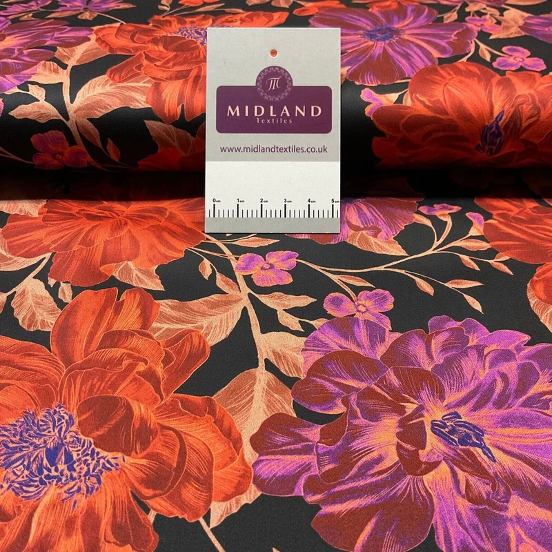 Black Red Cotton Satin Digital large floral Dress Fabric M1878