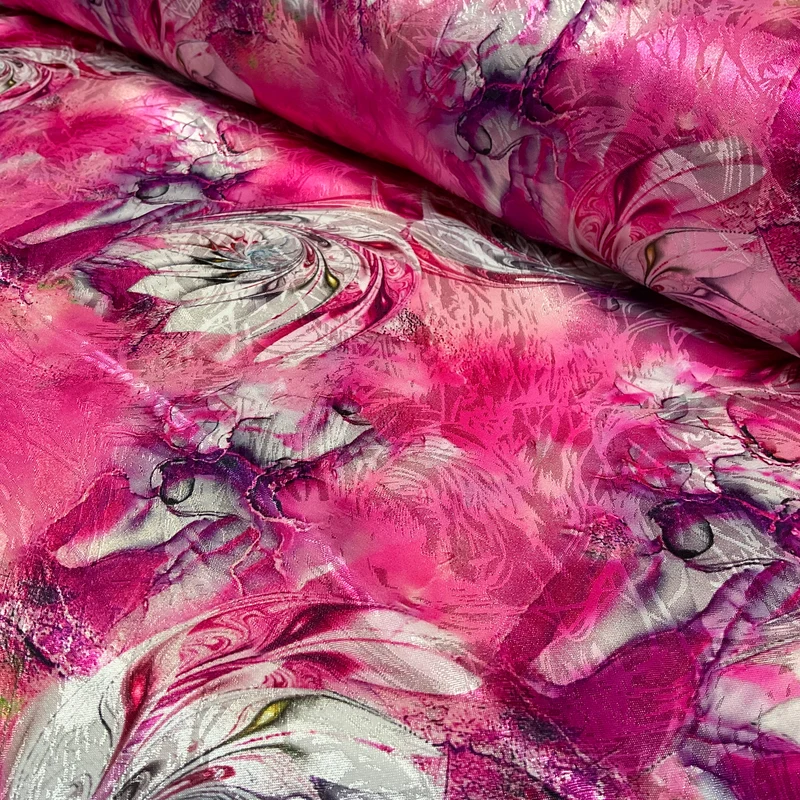 Pink fuchsia marble swirl floral abstract silky satin jacquard soft spandex dress fabric M2061-3
