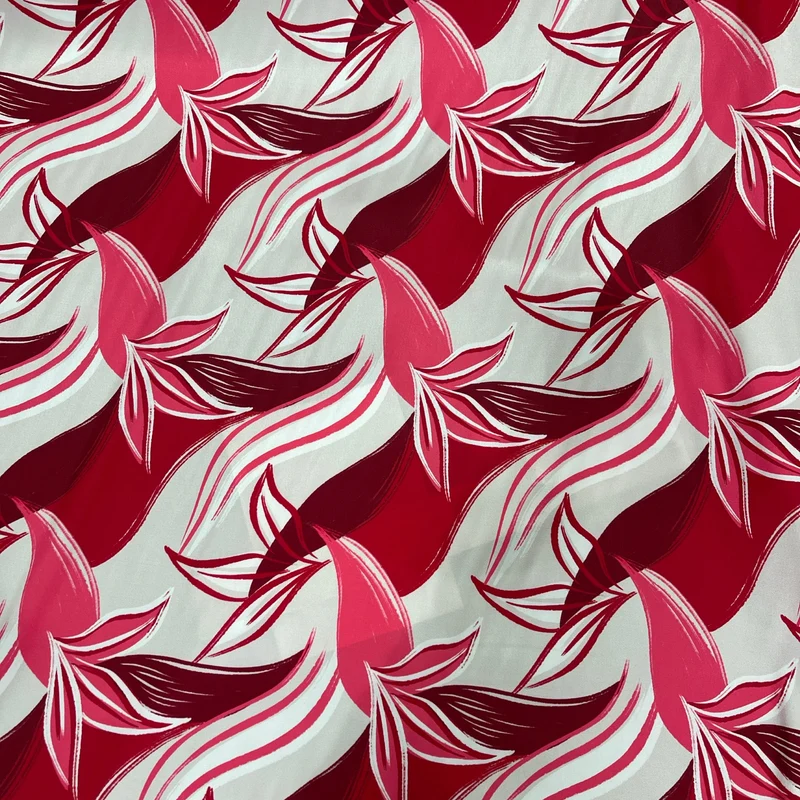 Crimson rose and pink artistic leaf brushstroke silky satin jacquard soft spandex dress fabric M2057-2