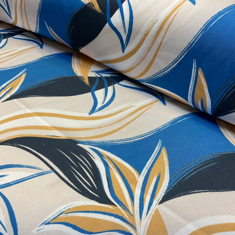 Caramel Blue artistic leaf brushstroke silky satin Jacquard soft spandex dress fabric M2057-1