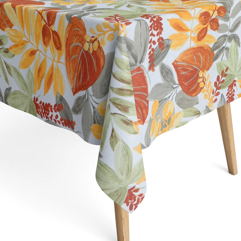 Jacquard Tischdecke aus beschichteter Baumwolle mit Fleckenschutz CAIMAN NARANJA orange Dschungel Blätter eckig rund oval