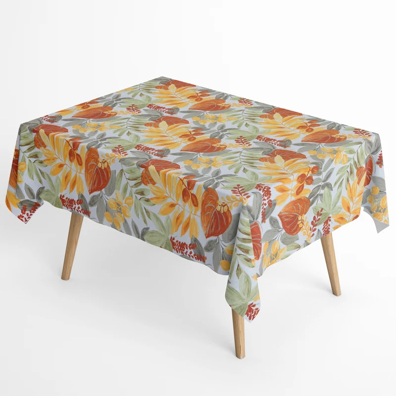 Jacquard Tischdecke aus beschichteter Baumwolle mit Fleckenschutz CAIMAN NARANJA orange Dschungel Blätter eckig rund oval