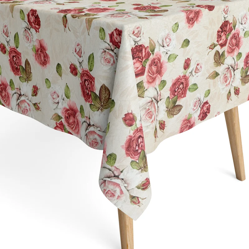 Jacquard Tischdecke aus beschichteter Baumwolle mit Fleckenschutz JULIANA ROSA Rosenblüten auf beige eckig rund oval