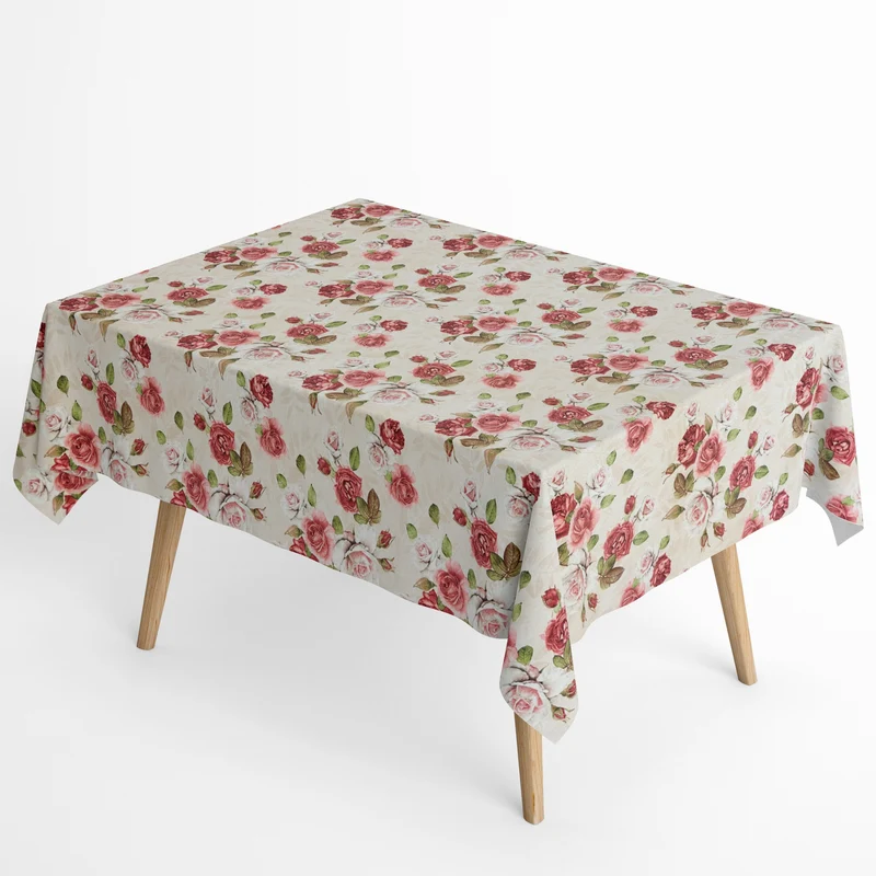 Jacquard Tischdecke aus beschichteter Baumwolle mit Fleckenschutz JULIANA ROSA Rosenblüten auf beige eckig rund oval