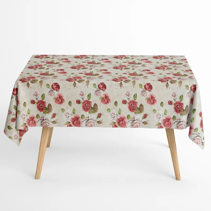 Jacquard Tischdecke aus beschichteter Baumwolle mit Fleckenschutz JULIANA ROSA Rosenblüten auf beige eckig rund oval