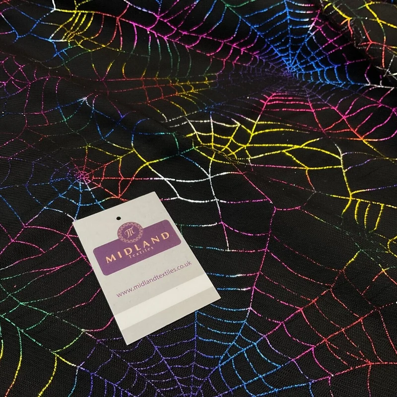 Black multicoloured spooky halloween spider web net fabric 150cm wide M1887