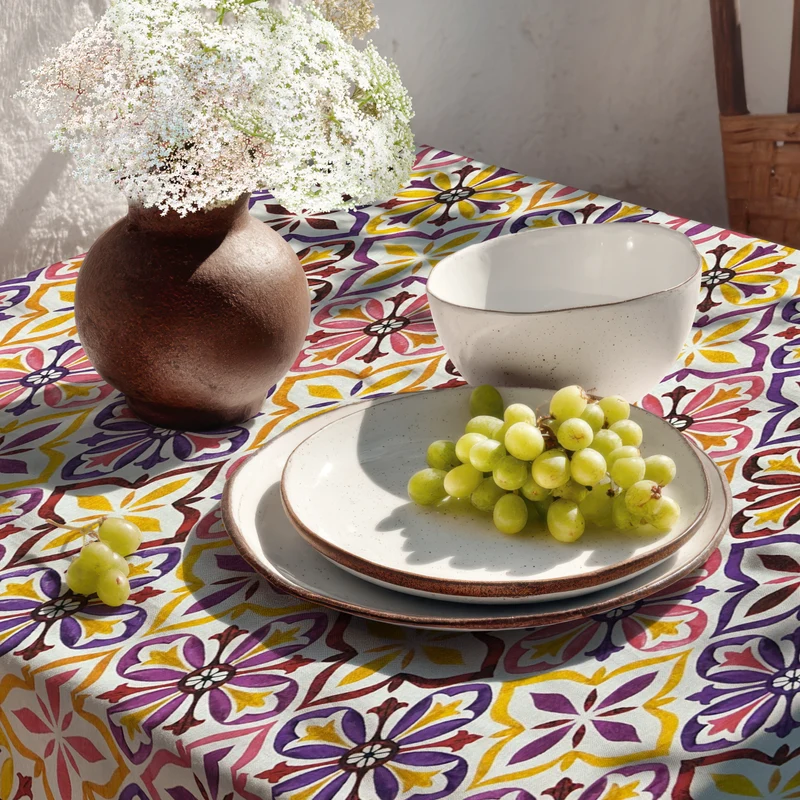 Jacquard Tischdecke aus beschichteter Baumwolle mit Fleckenschutz JONELLA301 lila mediterran Mosaik eckig rund oval