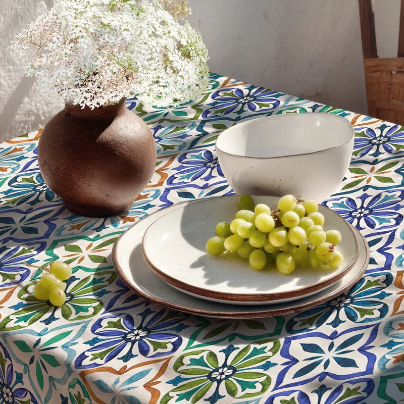 Jacquard Tischdecke aus beschichteter Baumwolle mit Fleckenschutz JONELLA601 türkis mediterran Mosaik eckig rund oval
