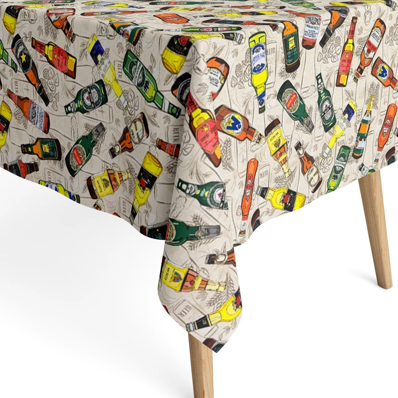 Jacquard Tischdecke aus beschichteter Baumwolle mit Fleckenschutz BEER & BOTTLES eckig rund oval
