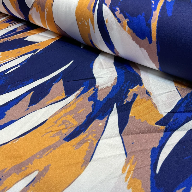 Navy Caramel abstract brushstroke satin spandex dress fabric M2056