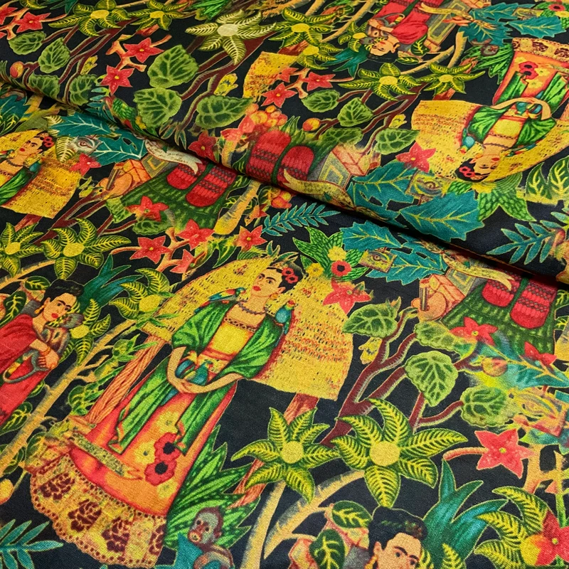 Mexican Tropical jungle portraits faux mango silk Dress fabric 112cm Wide M2047-5