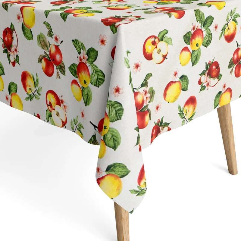 Jacquard Tischdecke aus beschichteter Baumwolle mit Fleckenschutz POMES Apfelblüte und Äpfel eckig rund oval