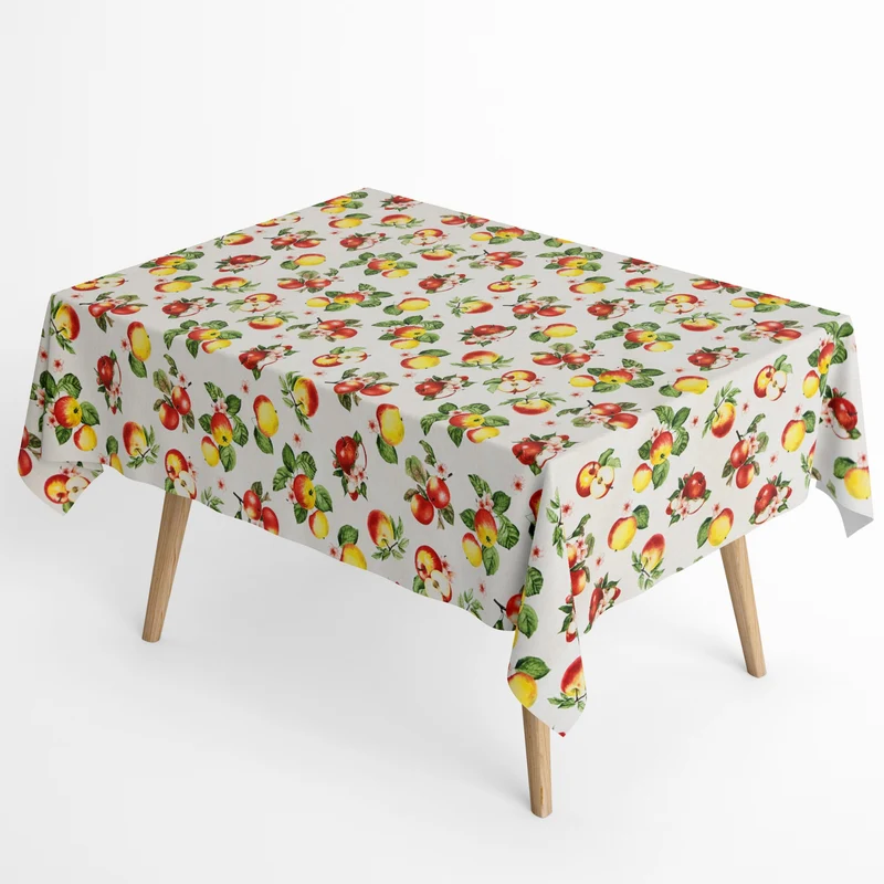 Jacquard Tischdecke aus beschichteter Baumwolle mit Fleckenschutz POMES Apfelblüte und Äpfel eckig rund oval