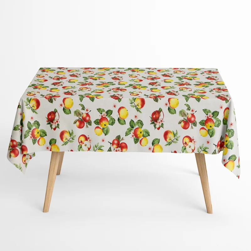 Jacquard Tischdecke aus beschichteter Baumwolle mit Fleckenschutz POMES Apfelblüte und Äpfel eckig rund oval