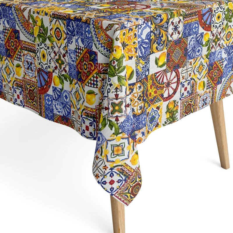 Jacquard Tischdecke aus beschichteter Baumwolle mit Fleckenschutz LARENTIA mediterran Mosaik Zitronen eckig rund oval