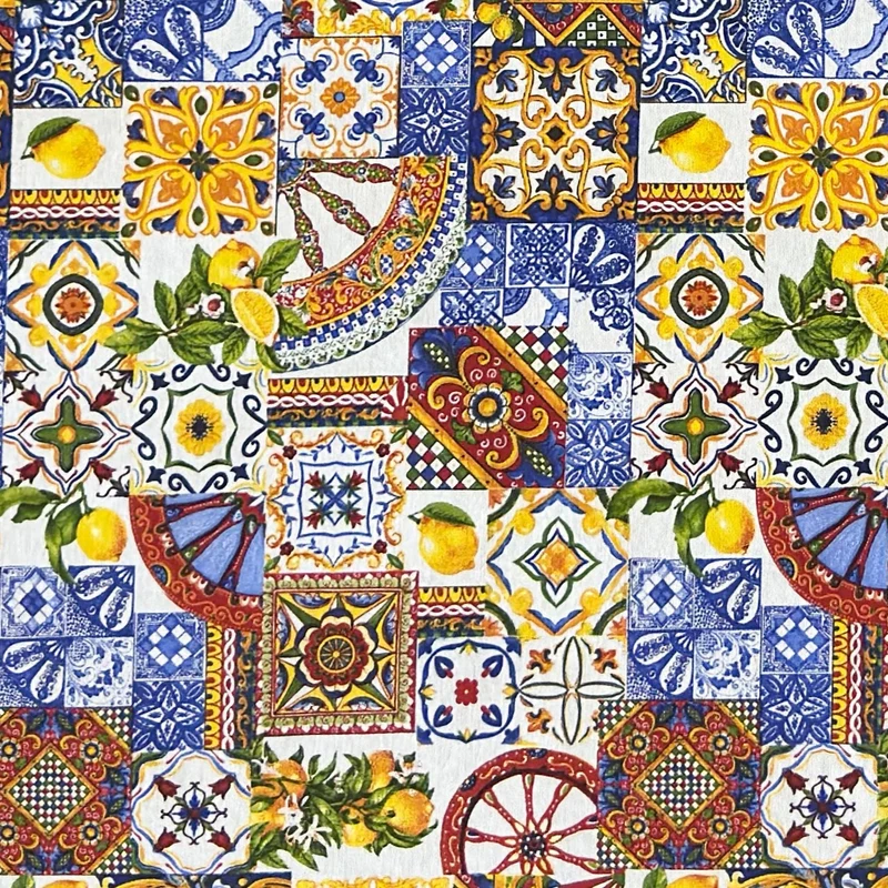 Jacquard Tischdecke aus beschichteter Baumwolle mit Fleckenschutz LARENTIA mediterran Mosaik Zitronen eckig rund oval