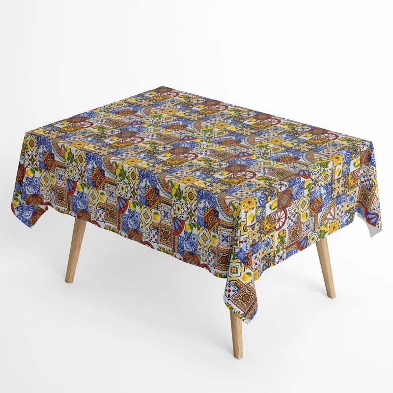 Jacquard Tischdecke aus beschichteter Baumwolle mit Fleckenschutz LARENTIA mediterran Mosaik Zitronen eckig rund oval