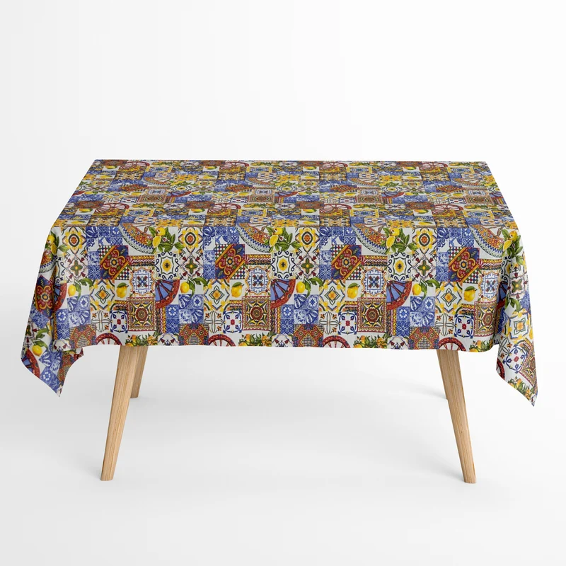 Jacquard Tischdecke aus beschichteter Baumwolle mit Fleckenschutz LARENTIA mediterran Mosaik Zitronen eckig rund oval