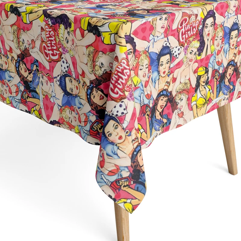 Jacquard Tischdecke aus beschichteter Baumwolle mit Fleckenschutz YVONNE retro Pin-Up Comic eckig rund oval