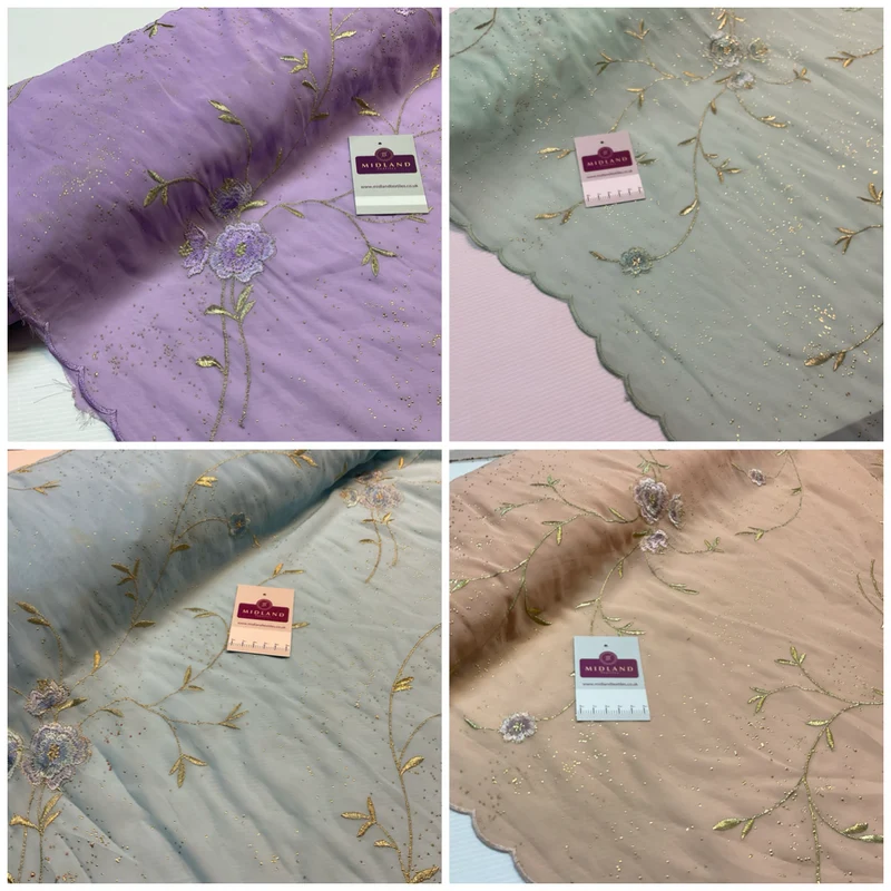Double Scalloped Embroidery Chiffon with Gold Dew Drop Dress Fabric M1681